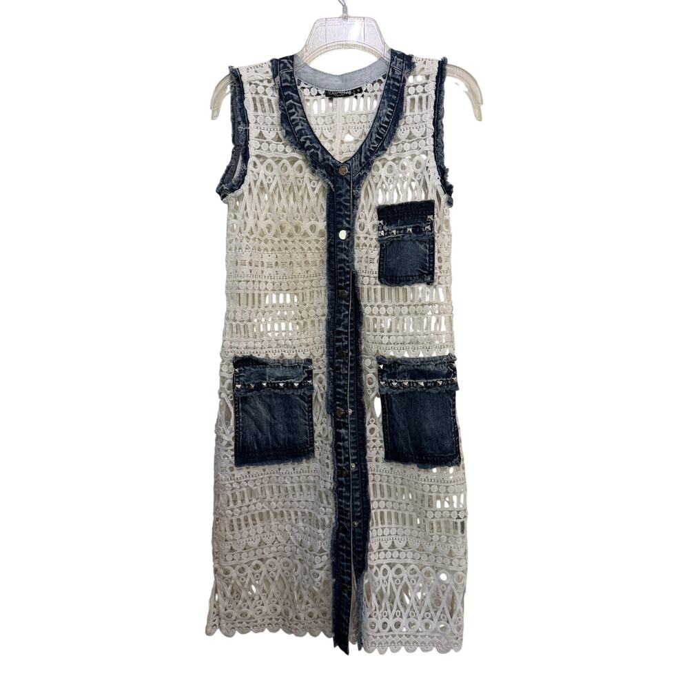 Dor Dor Couture Vest Crochet Denim maxi boho studded festival White Blue Small